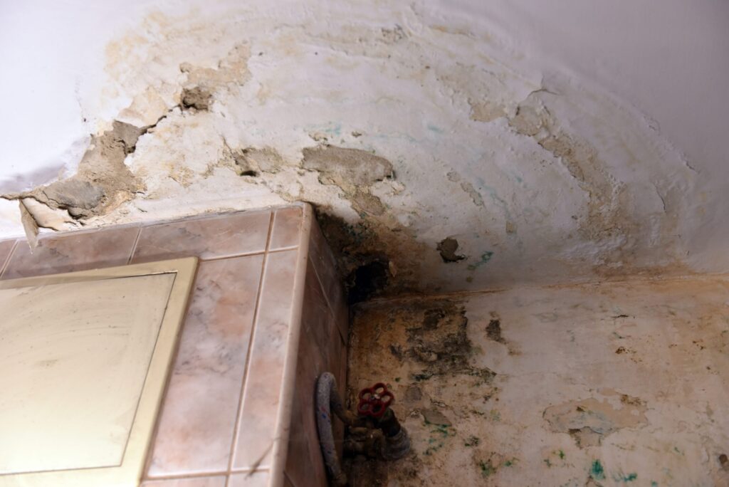 Mold growth and water damage on an interior wall