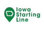 Iowa Starting Line logo - green location bubble with outline of the state of Iowa with the words to the right in green