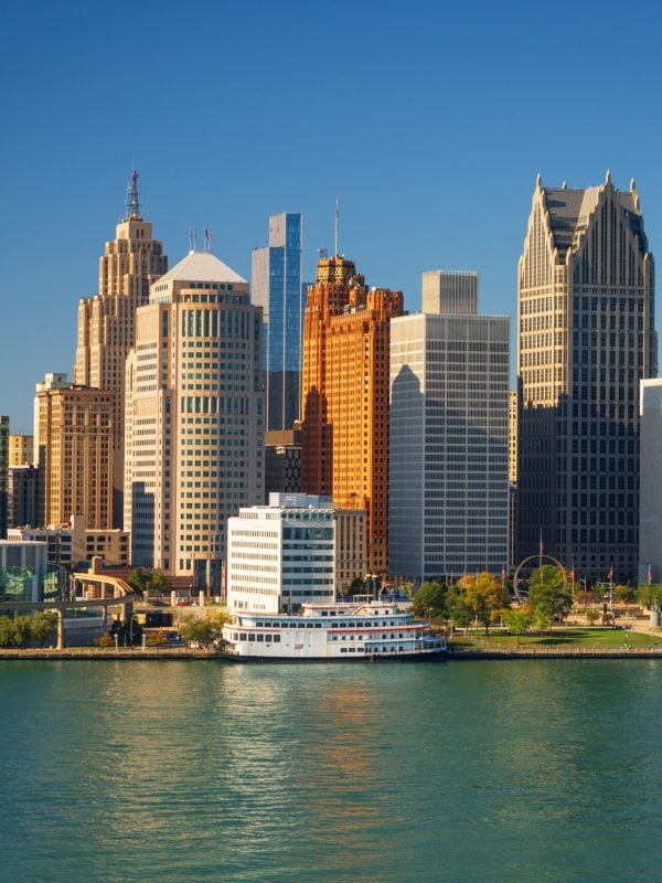 Detroit skyline and riverfront on a clear day